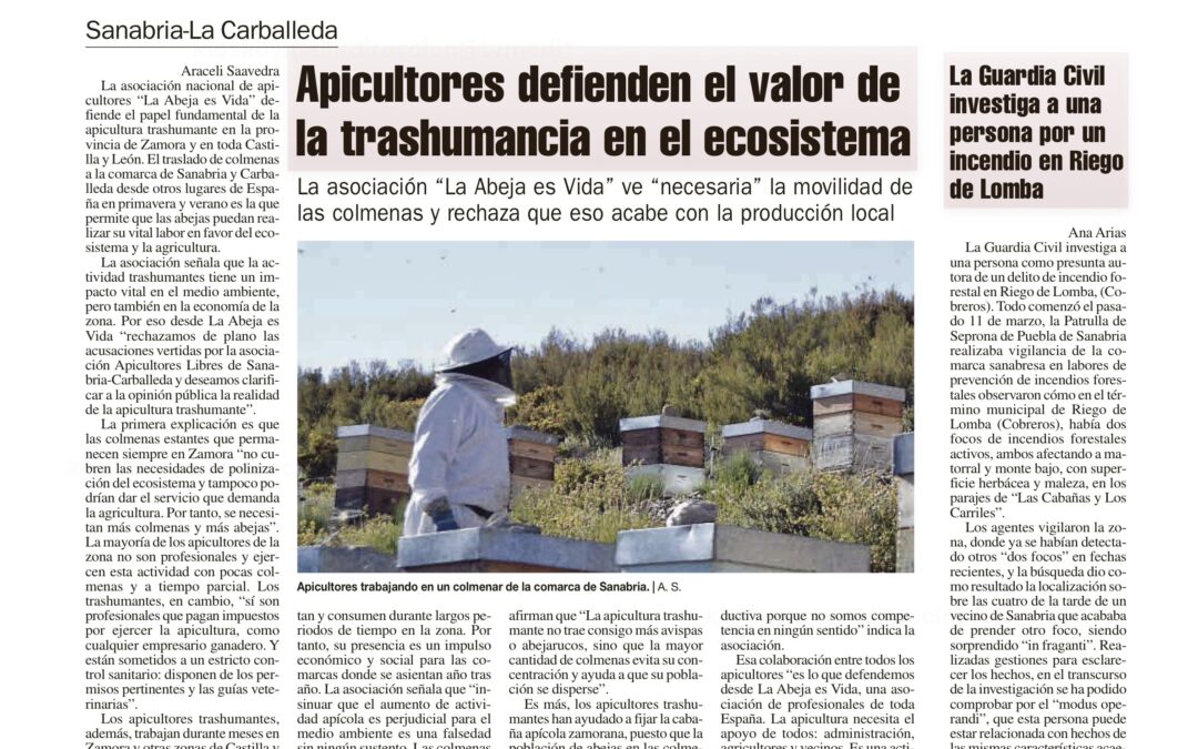 La Opinión de Zamora recoge nuestra defensa de la apicultura trashumante